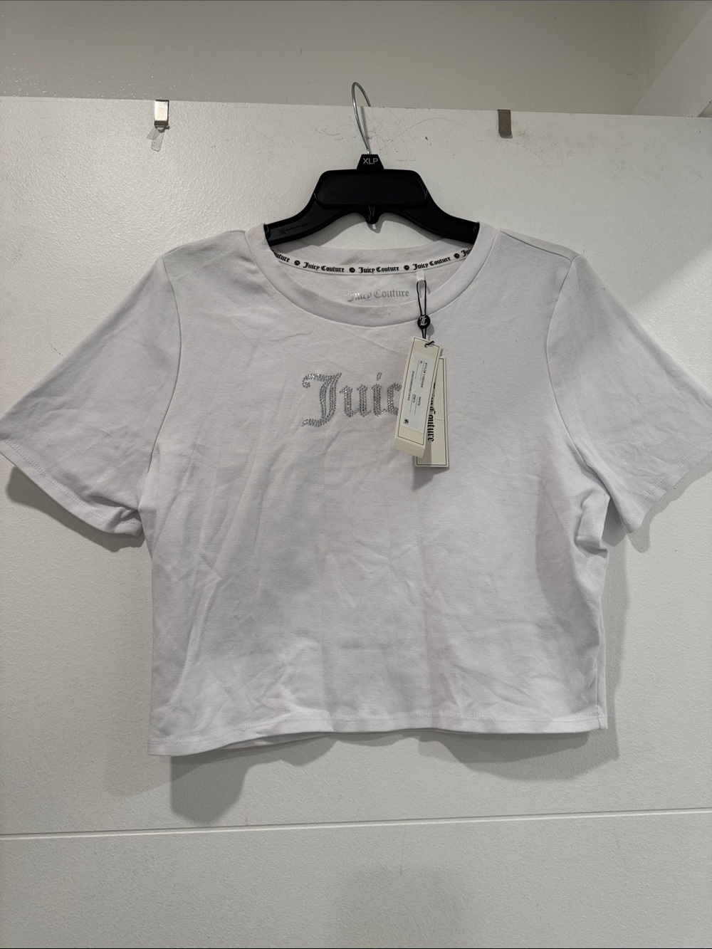 Juicy Couture Crop Top Women XL White New Rhinestone‎ Short Sleeve Tee